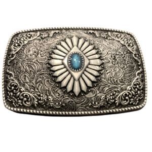 Western Cowgirl Concho Belt Buckle – Antiqued Silver Finish with Turquoise Accen